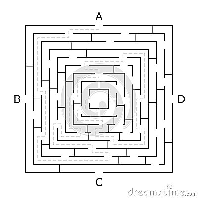 Labyrinth game. Square Maze. Find the way game. Exit and entrance puzzle. Vector illustration. Vector Illustration